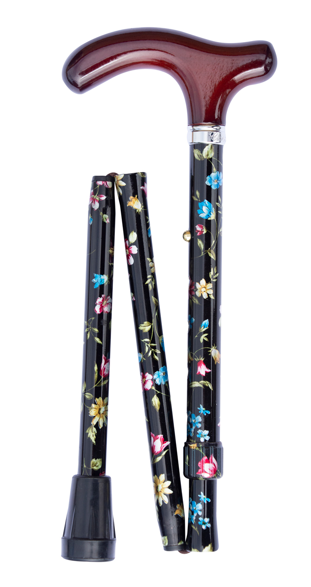 Folding cane, ultra petite, black floral