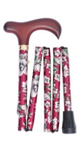 Handbag size folding cane, burgundy floral