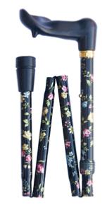 Folding orthopaedic cane, black floral, right