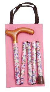 Folding Handbag Cane, white/pink/purple floral, wallet